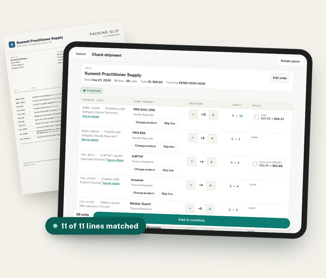 A demo vendor packing slip beside an iPad showing Triad's Check shipment screen: each invoice line matched to a shelf product with its received count, and a badge reading 11 of 11 lines matched.