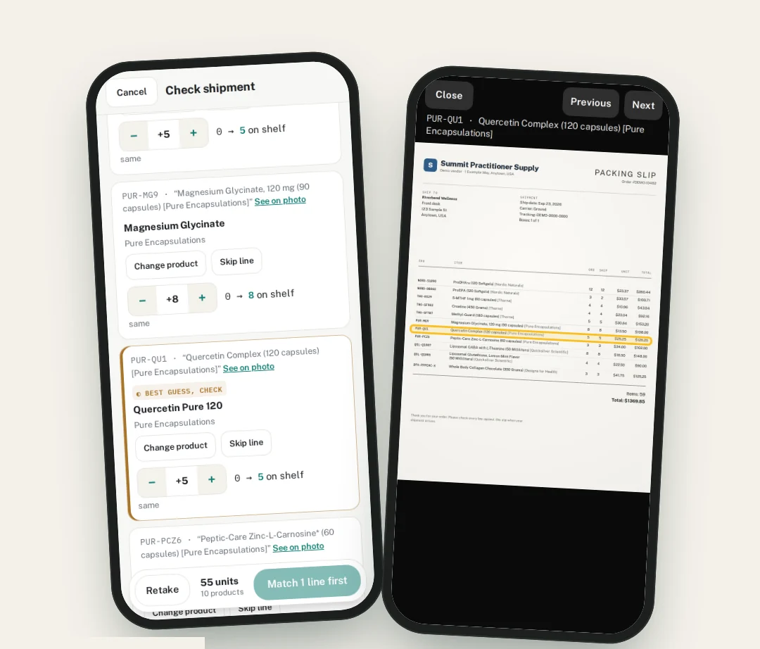 Two phones side by side: one showing the Check shipment list with a Best guess line, the other showing the packing slip photo with the matching line boxed.