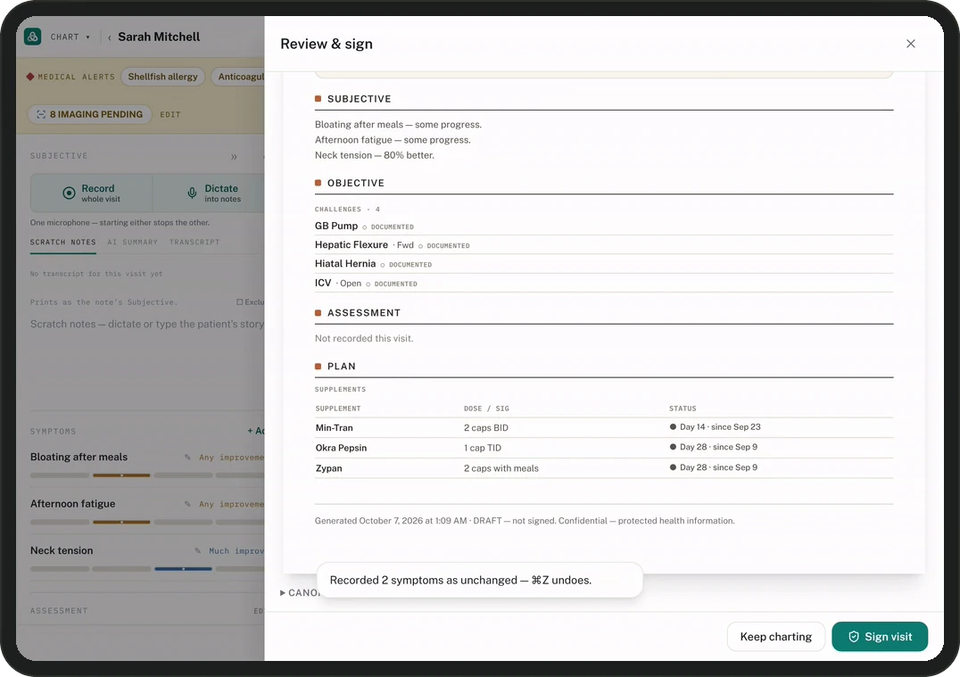 The Review and sign sheet for a demo patient, with the supplement plan and a Sign visit button.