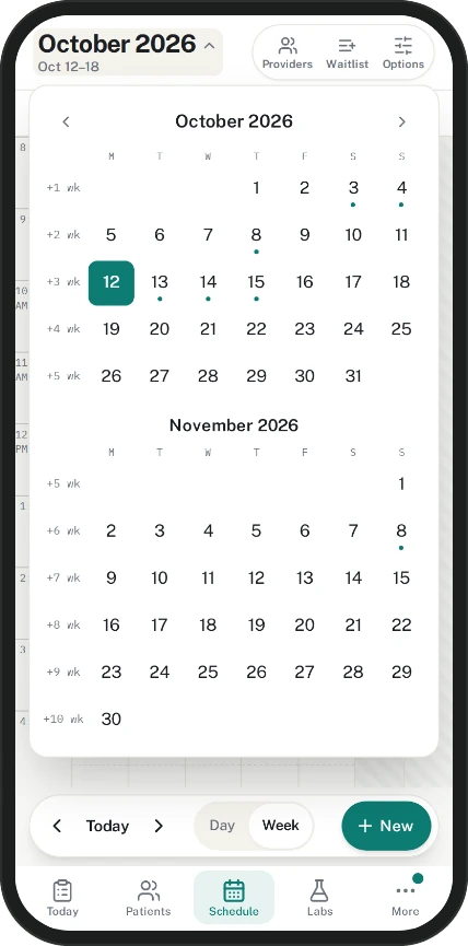 Phone screen showing October and November 2026 calendars at once, with dots under booked days and a weeks-out marker beside each row.