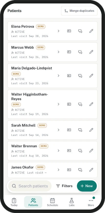 Phone screen of the Triad patient list with demo patients tagged DEMO, and Search patients, Filters and a New button docked at the bottom.